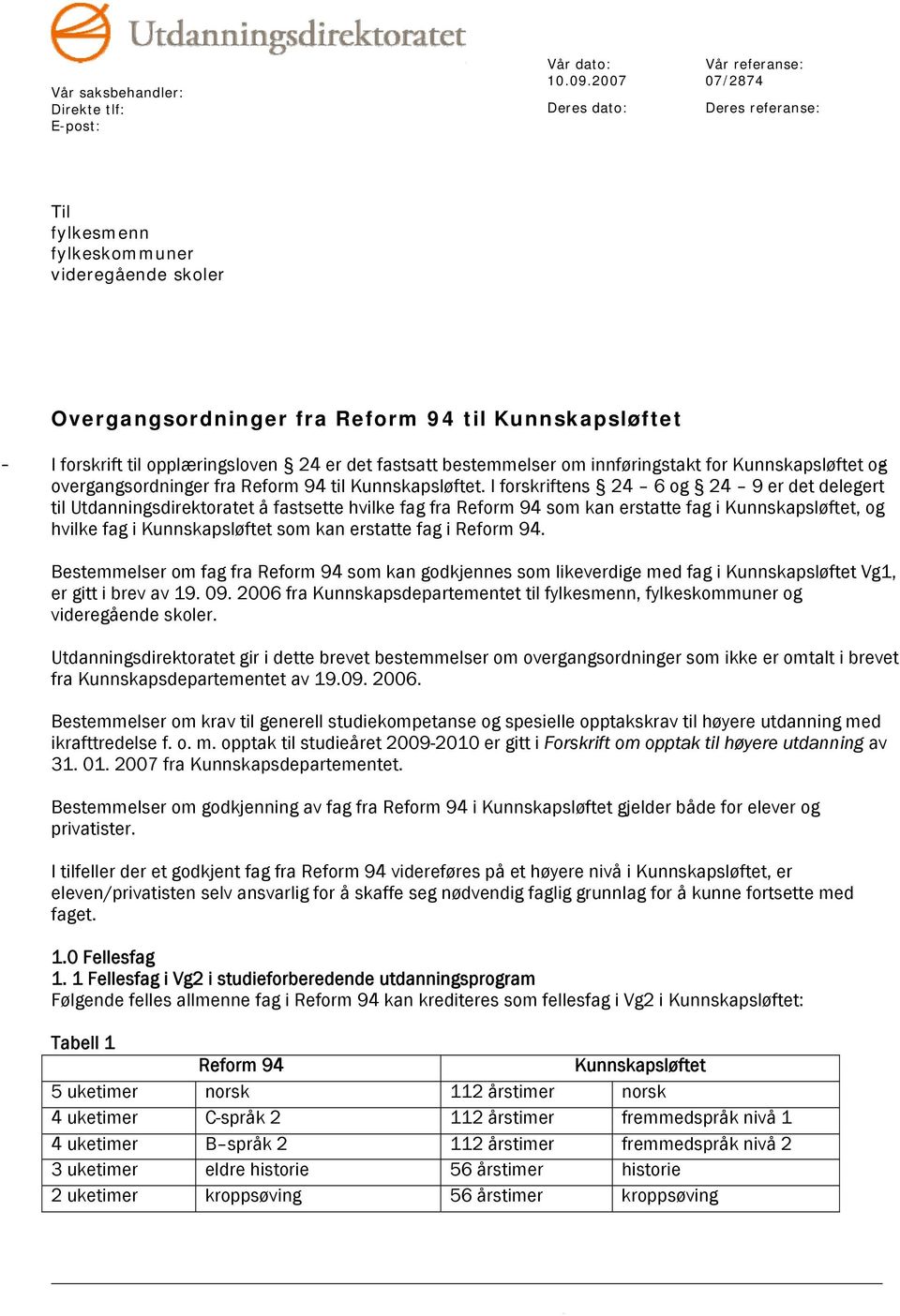 det fastsatt bestemmelser om innføringstakt for Kunnskapsløftet og overgangsordninger fra Reform 94 til Kunnskapsløftet.