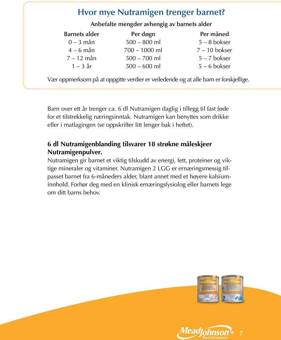 Vær oppmerksom på at oppgitte verdier er veiledende og at alle barn er forskjellige. Barn over ett år trenger ca. 6 dl Nutramigen daglig i tillegg til fast føde for et tilstrekkelig næringsinntak.