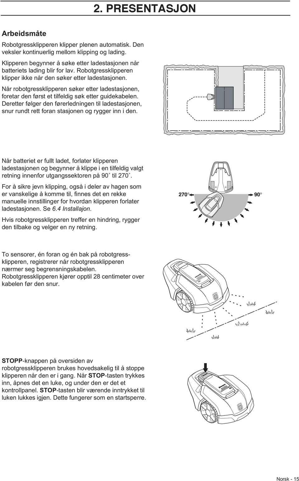 Når robotgressklipperen søker etter ladestasjonen, foretar den først et tilfeldig søk etter guidekabelen.