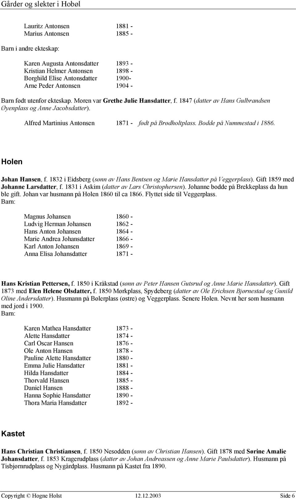 Bodde på Nummestad i 1886. Holen Johan Hansen, f. 1832 i Eidsberg (sønn av Hans Bentsen og Marie Hansdatter på Veggerplass). Gift 1859 med Johanne Larsdatter, f.