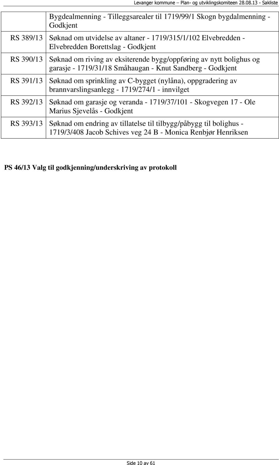 (nylåna), oppgradering av brannvarslingsanlegg - 1719/274/1 - innvilget RS 392/13 Søknad om garasje og veranda - 1719/37/101 - Skogvegen 17 - Ole Marius Sjevelås - Godkjent RS 393/13