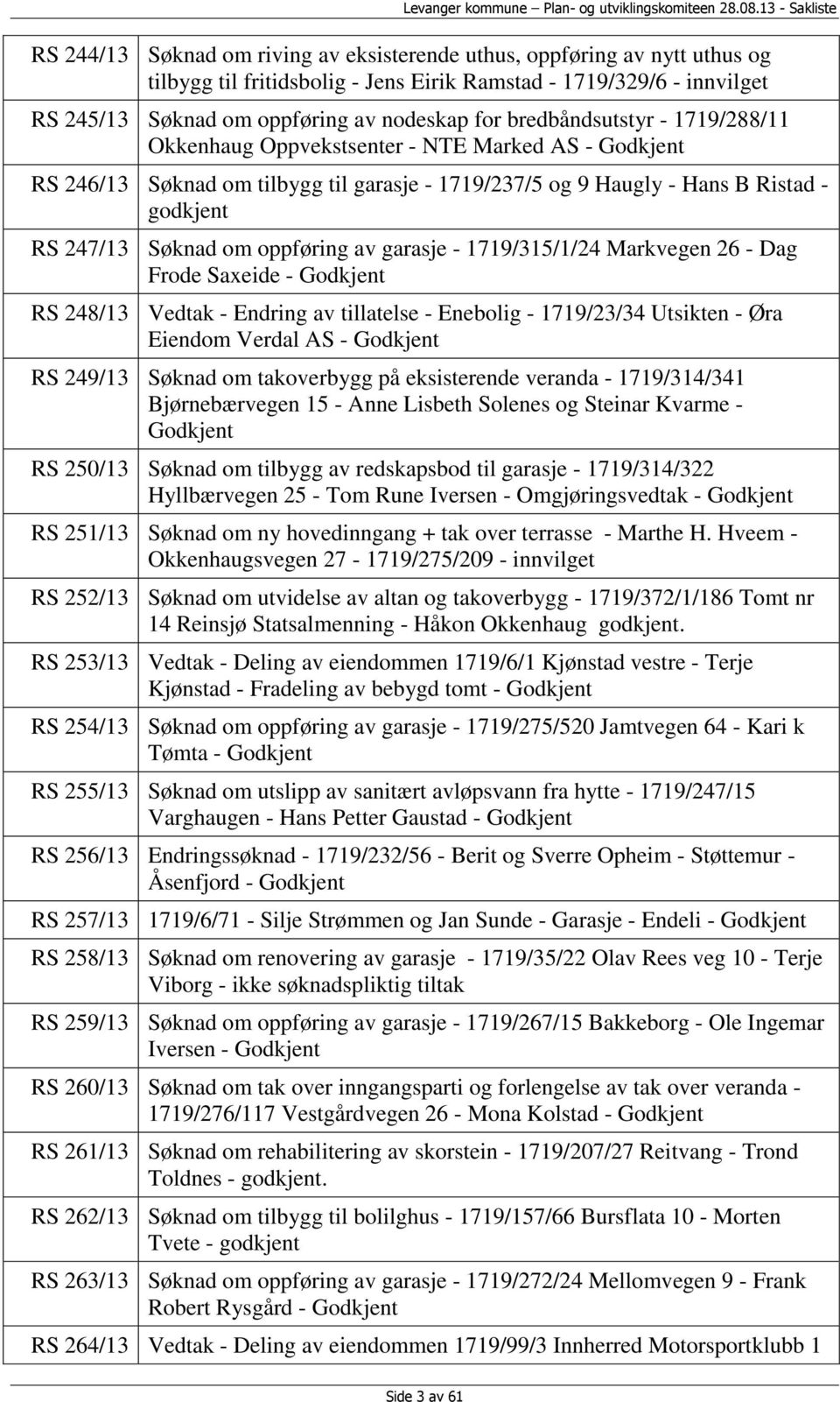 oppføring av garasje - 1719/315/1/24 Markvegen 26 - Dag Frode Saxeide - Godkjent RS 248/13 Vedtak - Endring av tillatelse - Enebolig - 1719/23/34 Utsikten - Øra Eiendom Verdal AS - Godkjent RS 249/13