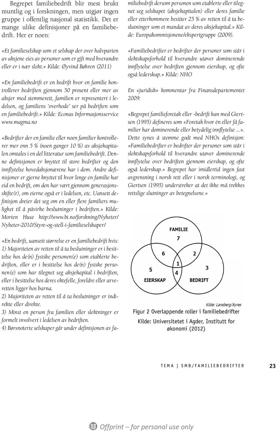 » Kilde: Øyvind Bøhren (2011) «En familiebedrift er en bedrift hvor en familie kontrollerer bedriften gjennom 50 prosent eller mer av aksjer med stemmerett, familien er representert i ledelsen, og