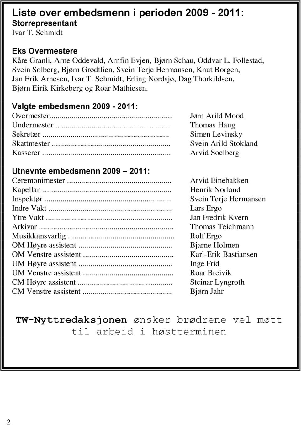 Valgte embedsmenn 2009-2011: Overmester... Undermester..... Sekretær... Skattmester... Kasserer... Utnevnte embedsmenn 2009 2011: Ceremonimester... Kapellan... Inspektør... Indre Vakt... Ytre Vakt.