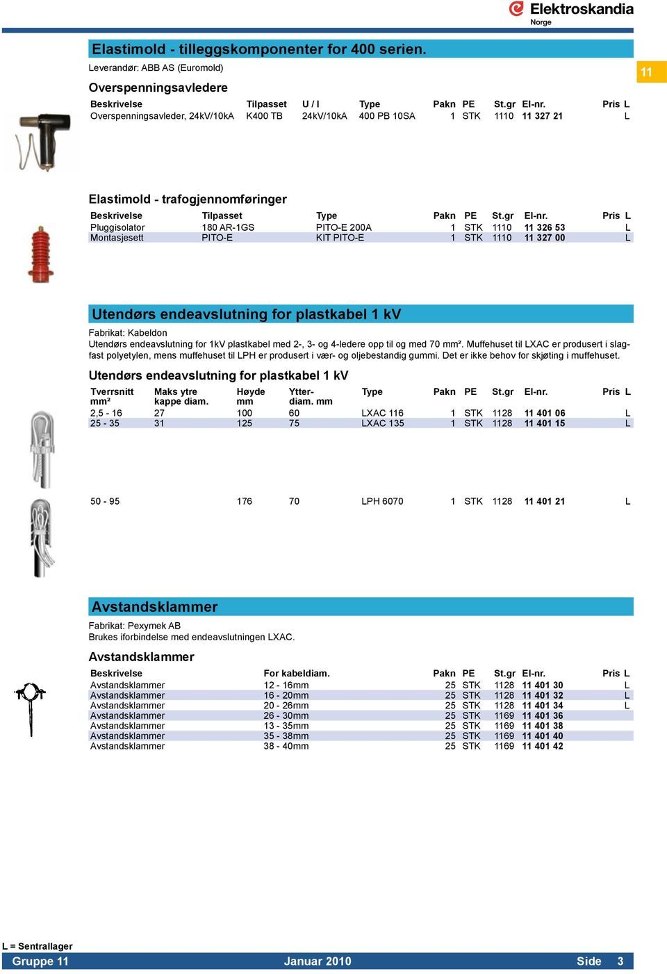 trafogjennomføringer Beskrivelse Tilpasset Pluggisolator 180 AR-1GS PITO-E 200A 1 STK 1110 11 326 53 L Montasjesett PITO-E KIT PITO-E 1 STK 1110 11 327 00 L Utendørs endeavslutning for plastkabel 1