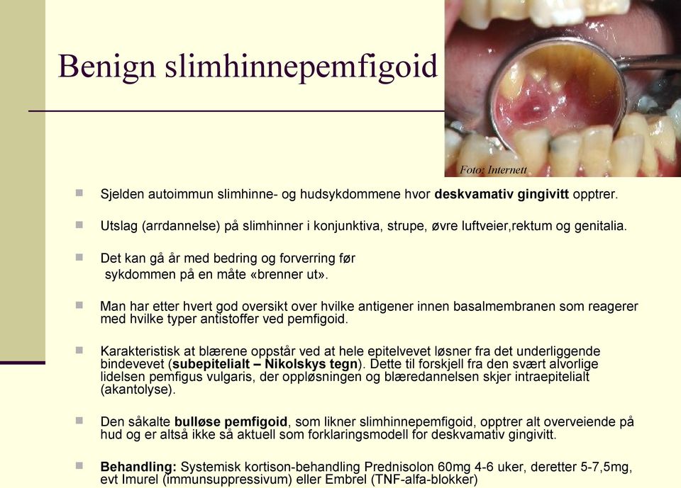 Man har etter hvert god oversikt over hvilke antigener innen basalmembranen som reagerer med hvilke typer antistoffer ved pemfigoid.