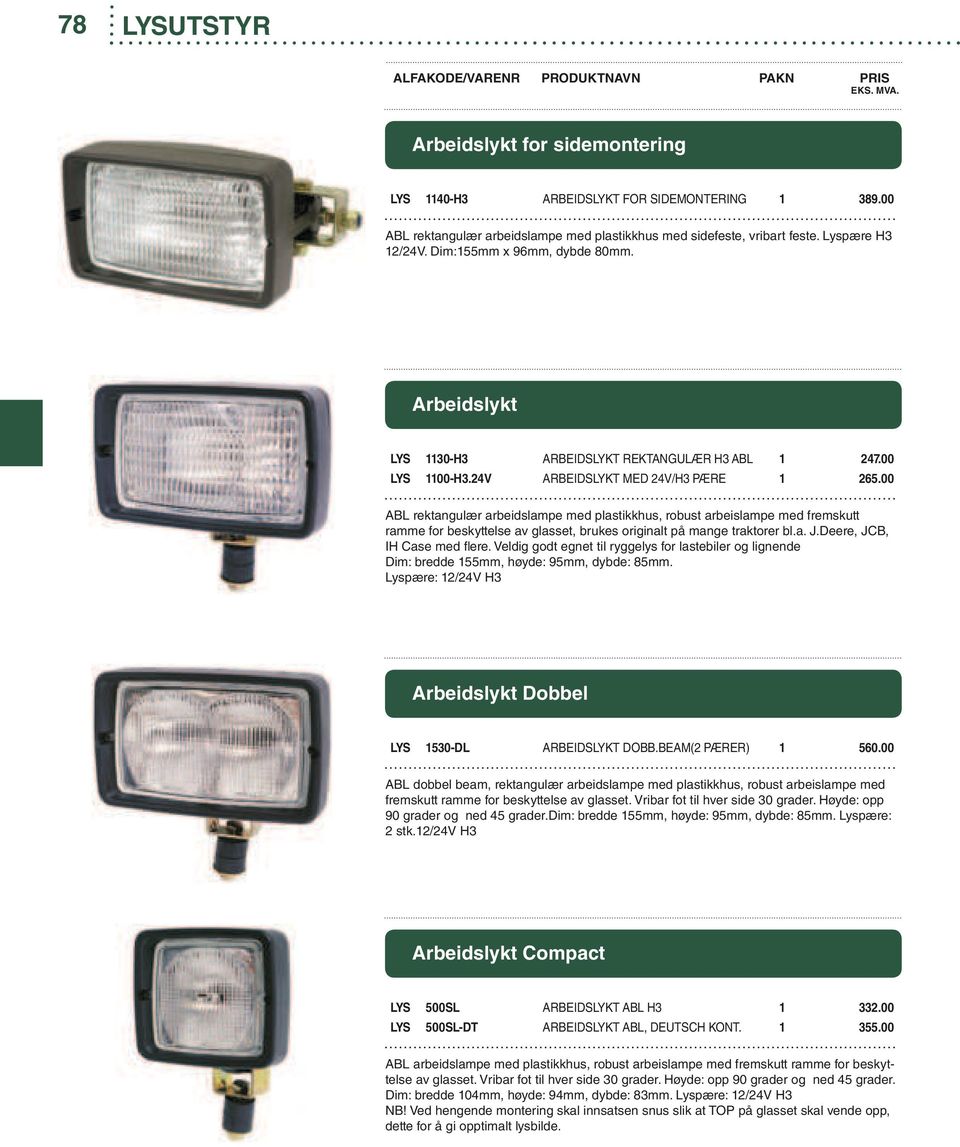 00 ABL rektangulær arbeidslampe med plastikkhus, robust arbeislampe med fremskutt ramme for beskyttelse av glasset, brukes originalt på mange traktorer bl.a. J.Deere, JCB, IH Case med flere.