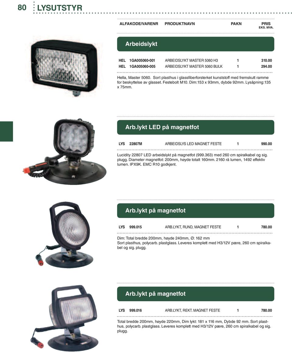 lykt LED på magnetfot LYS 22807M ARBEIDSLYS LED MAGNET FESTE 1 990.00 Lucidity 22807 LED arbeidslykt på magnetfot (999.363) med 260 cm spiralkabel og sig. plugg.