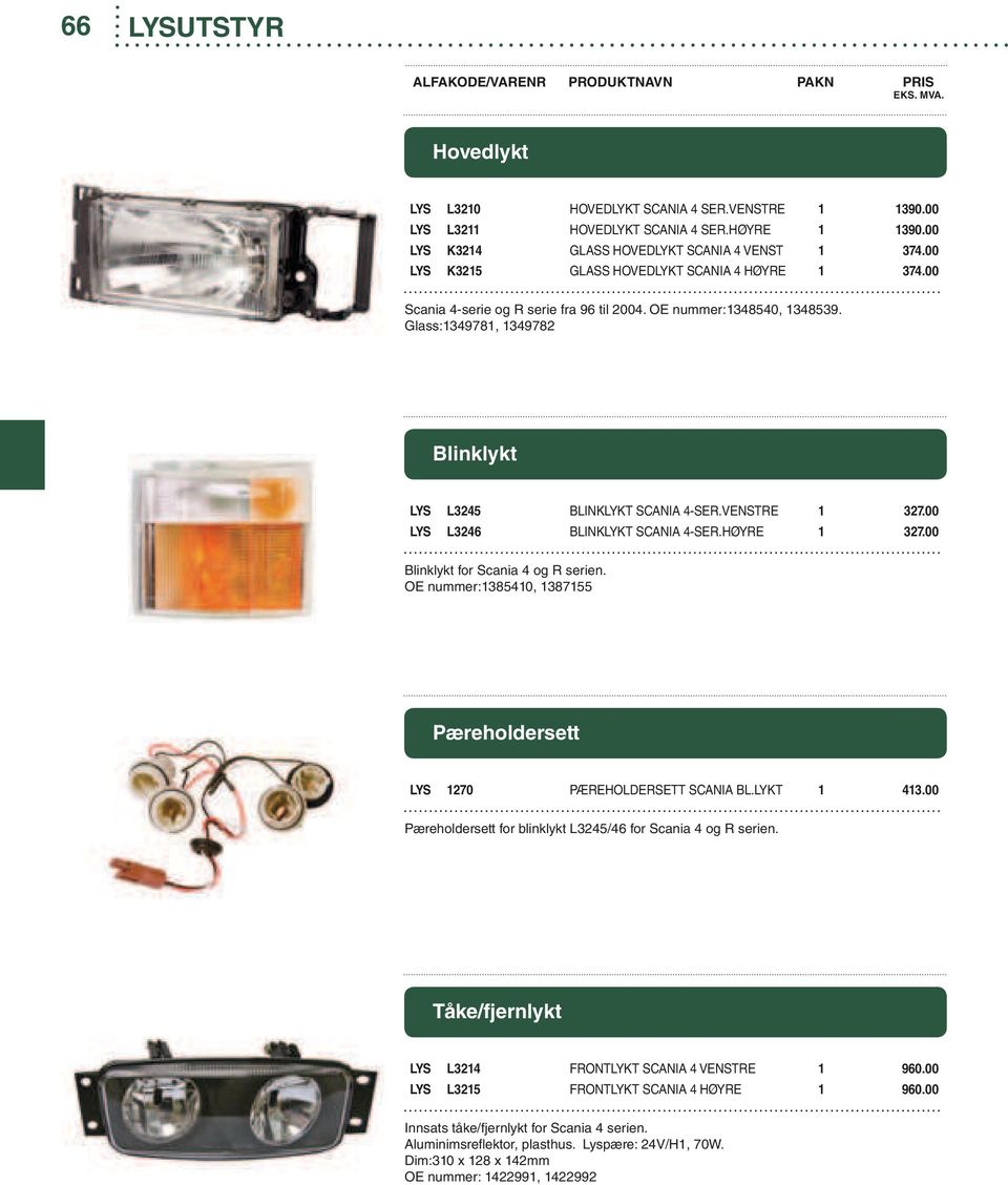 VENSTRE 1 327.00 LYS L3246 BLINKLYKT SCANIA 4-SER.HØYRE 1 327.00 Blinklykt for Scania 4 og R serien. OE nummer:1385410, 1387155 Pæreholdersett LYS 1270 PÆREHOLDERSETT SCANIA BL.LYKT 1 413.