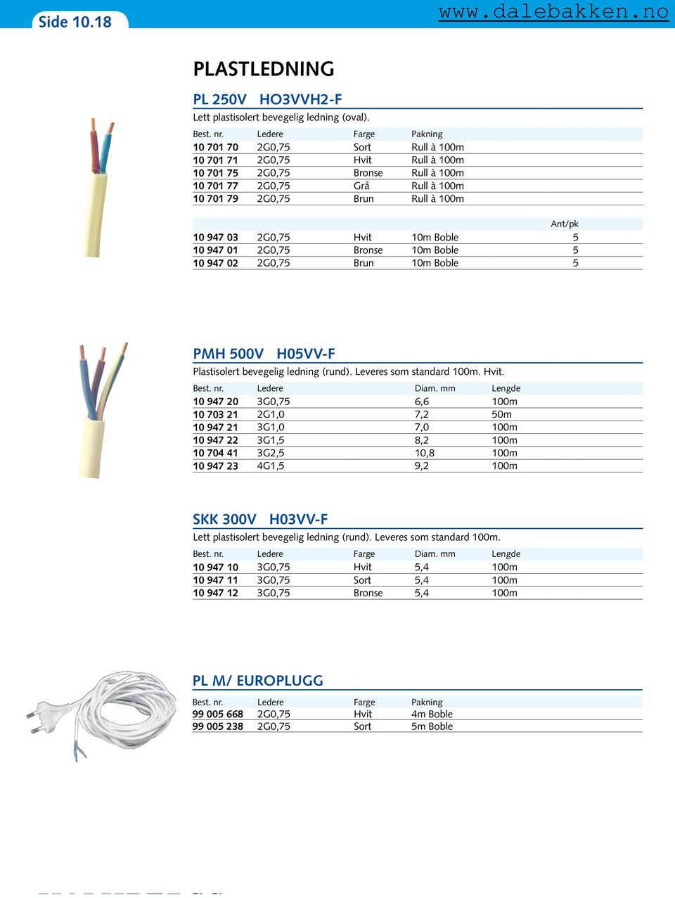 10 947 03 2G0,75 Hvit 10m Boble 5 10 947 01 2G0,75 Bronse 10m Boble 5 10 947 02 2G0,75 Brun 10m Boble 5 PMH 500V H05VV-F Plastisolert bevegelig ledning (rund). Leveres som standard 100m. Hvit. Best.