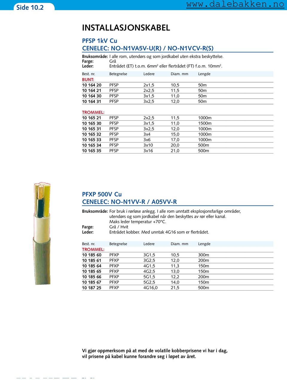 mm Lengde BUNT: 10 164 20 PFSP 2x1,5 10,5 50m 10 164 21 PFSP 2x2,5 11,5 50m 10 164 30 PFSP 3x1,5 11,0 50m 10 164 31 PFSP 3x2,5 12,0 50m TROMMEL: 10 165 21 PFSP 2x2,5 11,5 1000m 10 165 30 PFSP 3x1,5