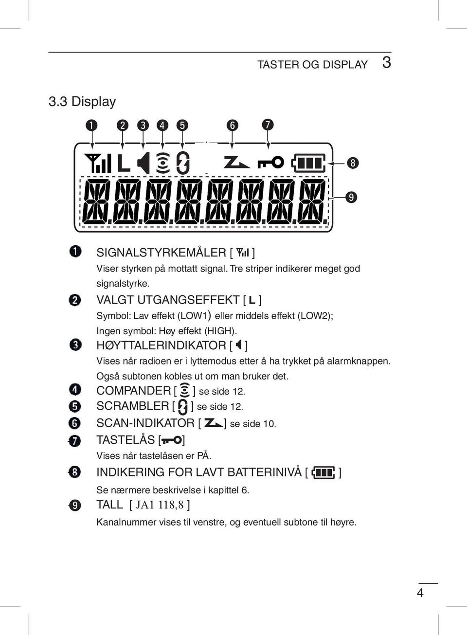 HØYTTALERINDIKATOR [ ] Vises når radioen er i lyttemodus etter å ha trykket på alarmknappen. Også subtonen kobles ut om man bruker det. COMPANDER [ ] se side 12. SCRAMBLER [ ] se side 12.