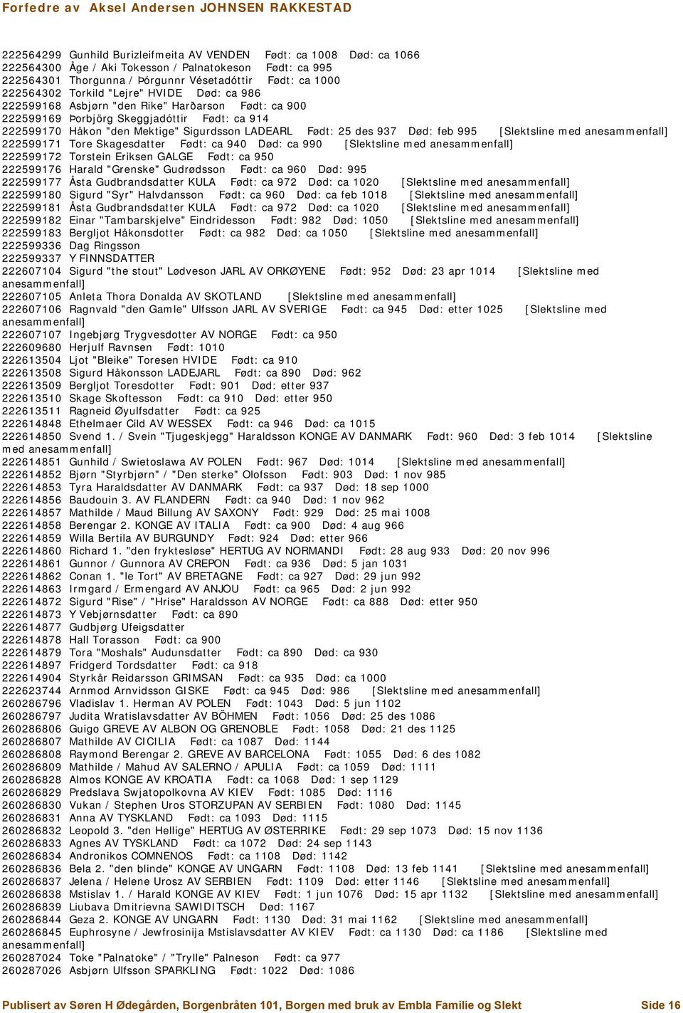 Død: feb 995 [Slektsline med 222599171 Tore Skagesdatter Født: ca 940 Død: ca 990 [Slektsline med 222599172 Torstein Eriksen GALGE Født: ca 950 222599176 Harald "Grenske" Gudrødsson Født: ca 960 Død: