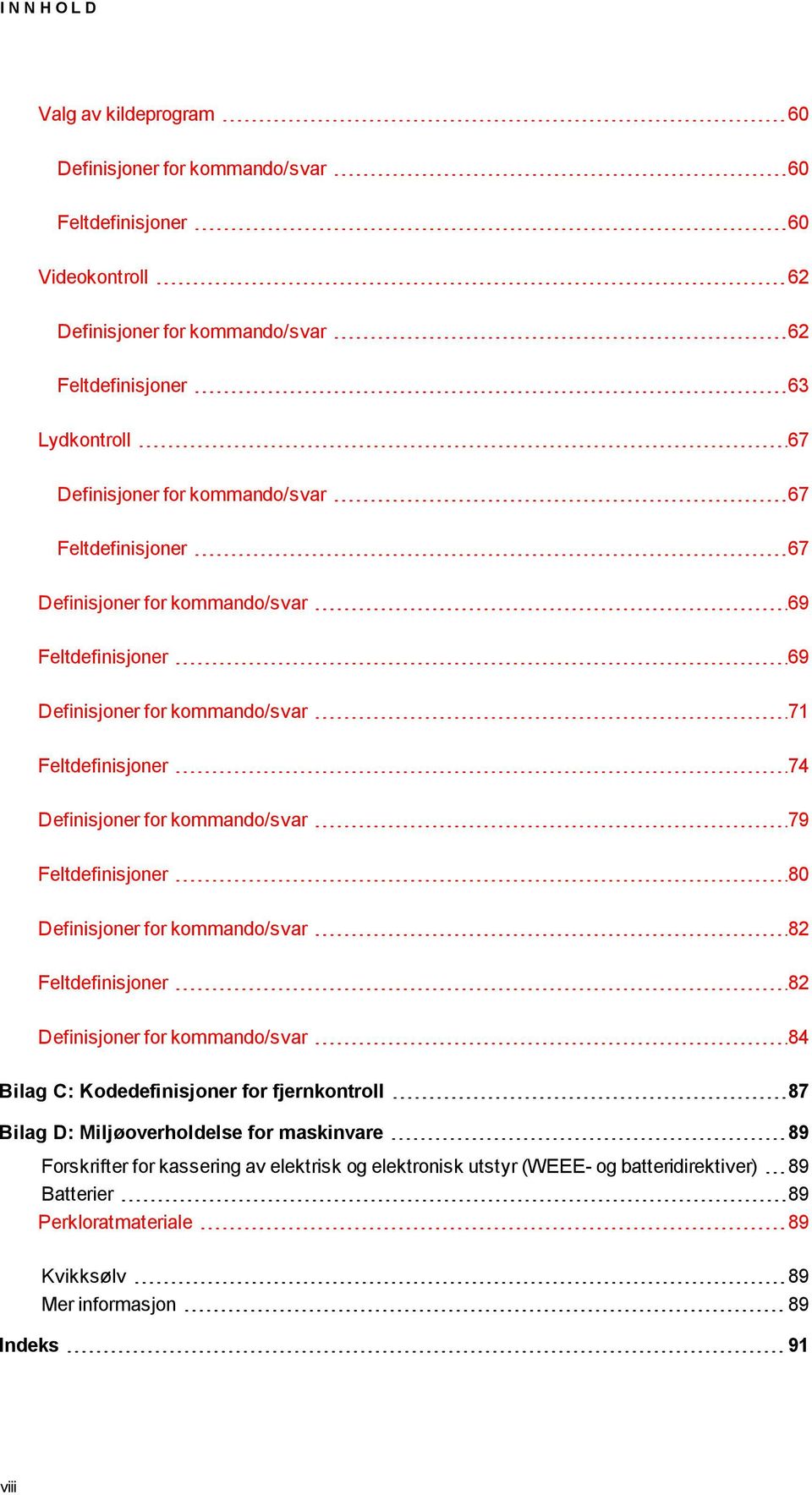 kommando/svar 79 Feltdefinisjoner 80 Definisjoner for kommando/svar 82 Feltdefinisjoner 82 Definisjoner for kommando/svar 84 Bilag C: Kodedefinisjoner for fjernkontroll 87 Bilag D: