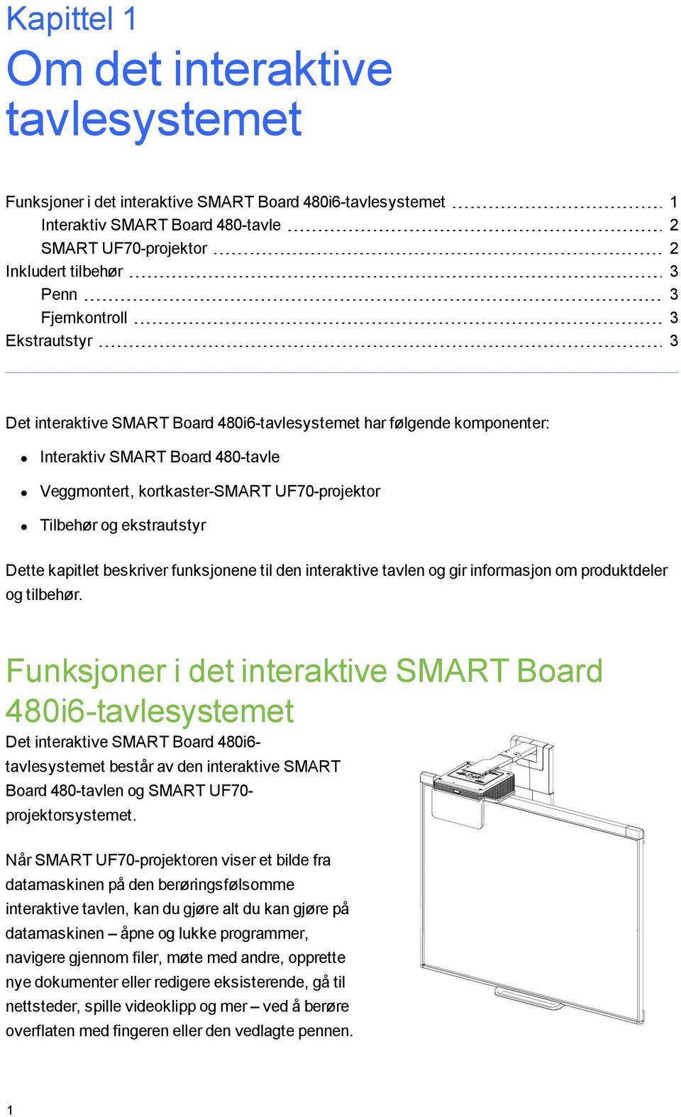 ekstrautstyr Dette kapitlet beskriver funksjonene til den interaktive tavlen og gir informasjon om produktdeler og tilbehør.