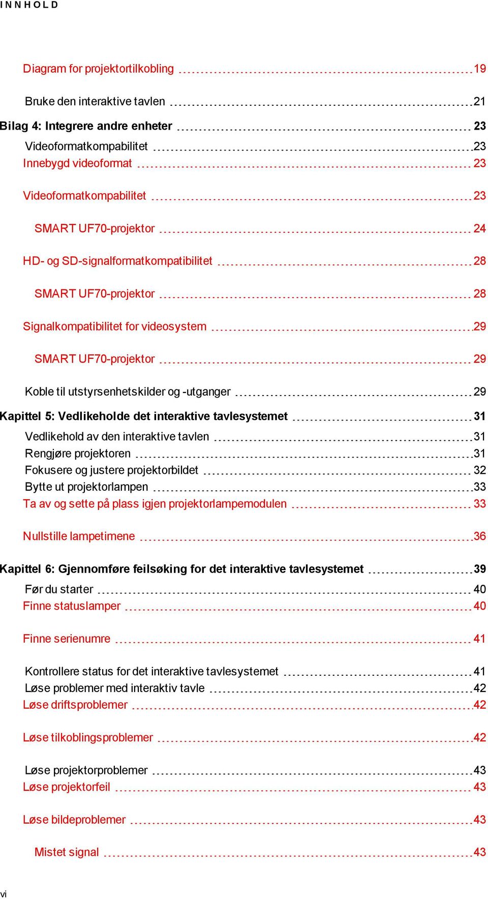 Kapittel 5: Vedlikeholde det interaktive tavlesystemet 31 Vedlikehold av den interaktive tavlen 31 Rengjøre projektoren 31 Fokusere og justere projektorbildet 32 Bytte ut projektorlampen 33 Ta av og