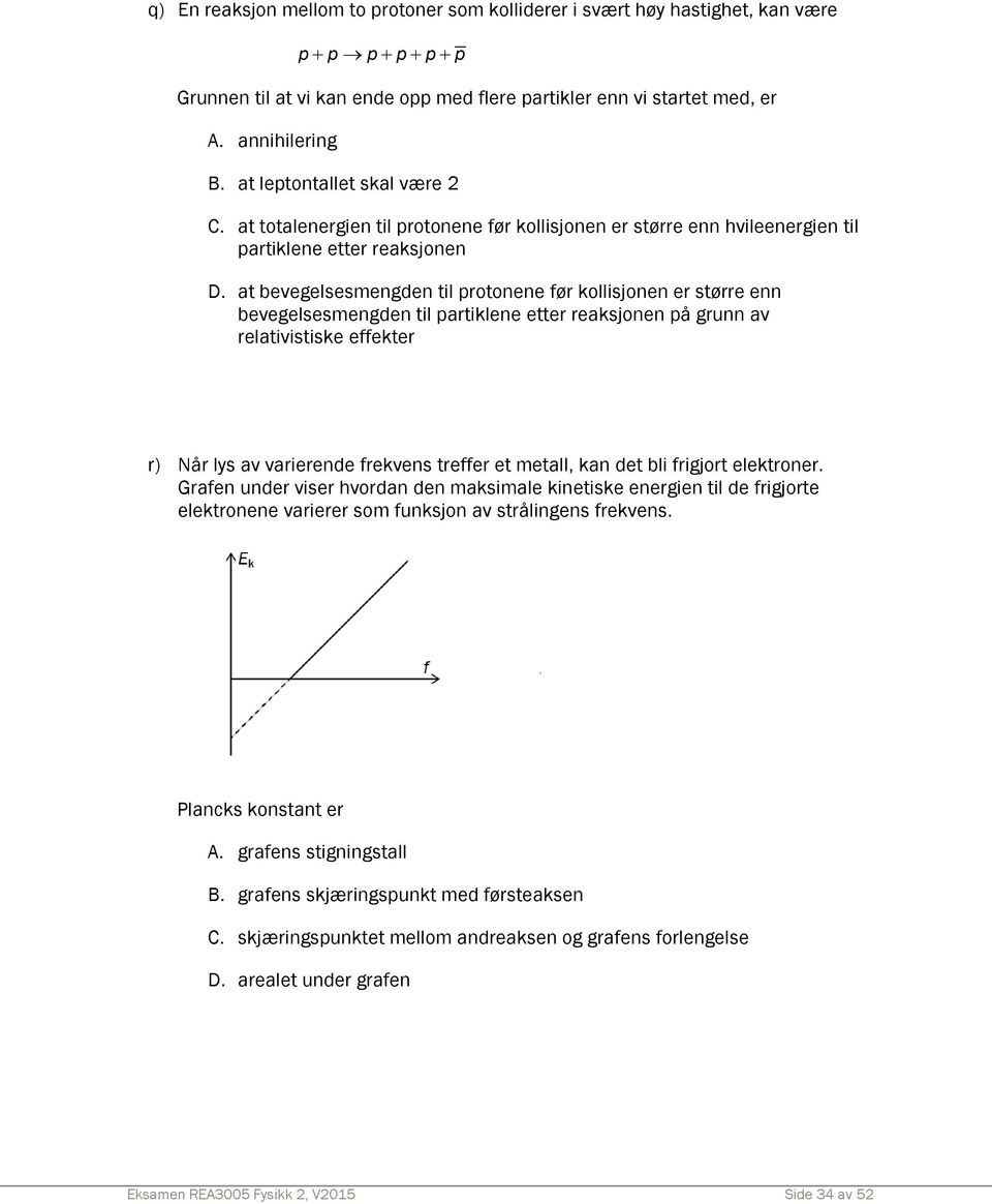 at bevegelsesmengden til protonene før kollisjonen er større enn bevegelsesmengden til partiklene etter reaksjonen på grunn av relativistiske effekter r) Når lys av varierende frekvens treffer et