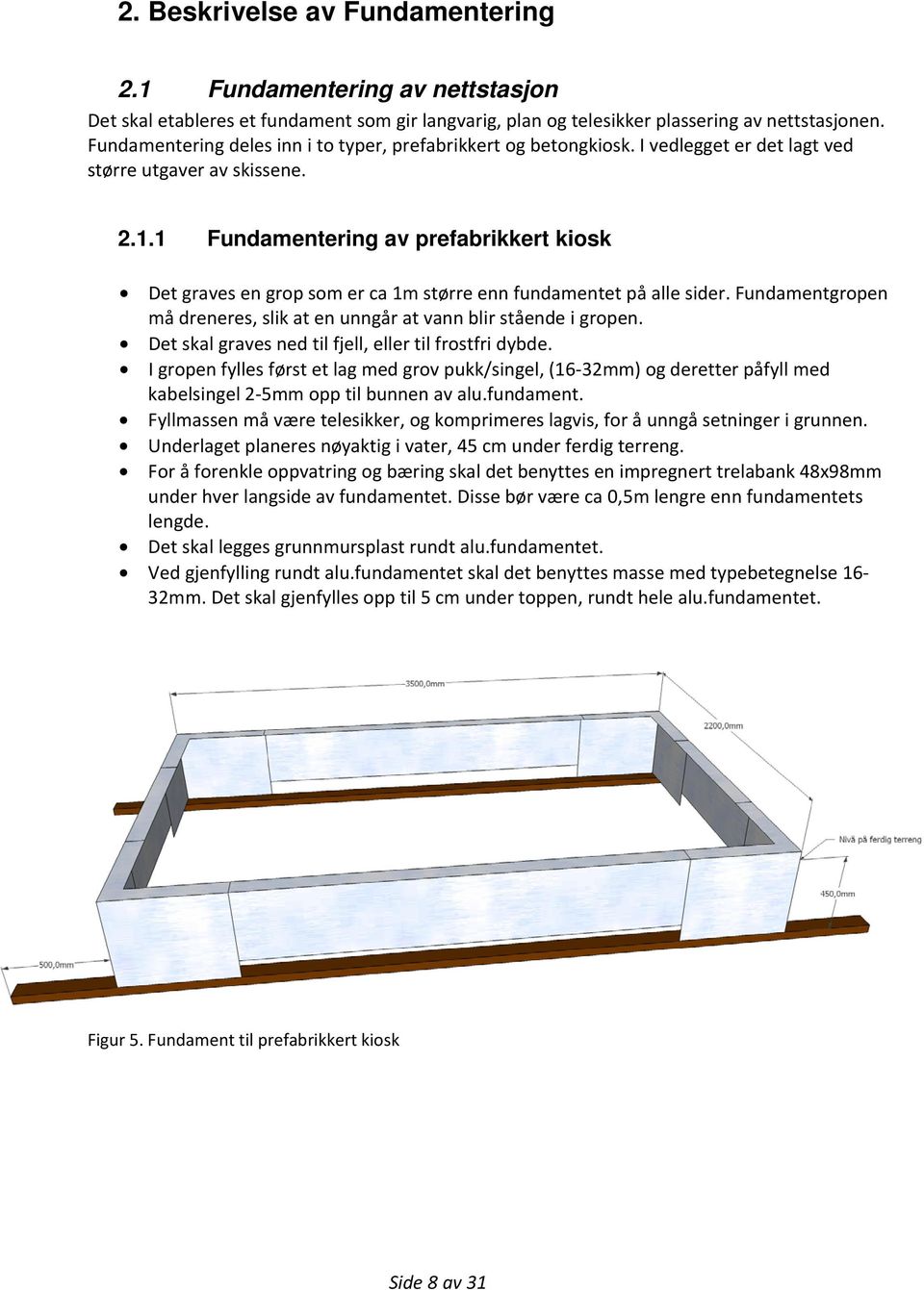 1 Fundamentering av prefabrikkert kiosk Det graves en grop som er ca 1m større enn fundamentet på alle sider. Fundamentgropen må dreneres, slik at en unngår at vann blir stående i gropen.