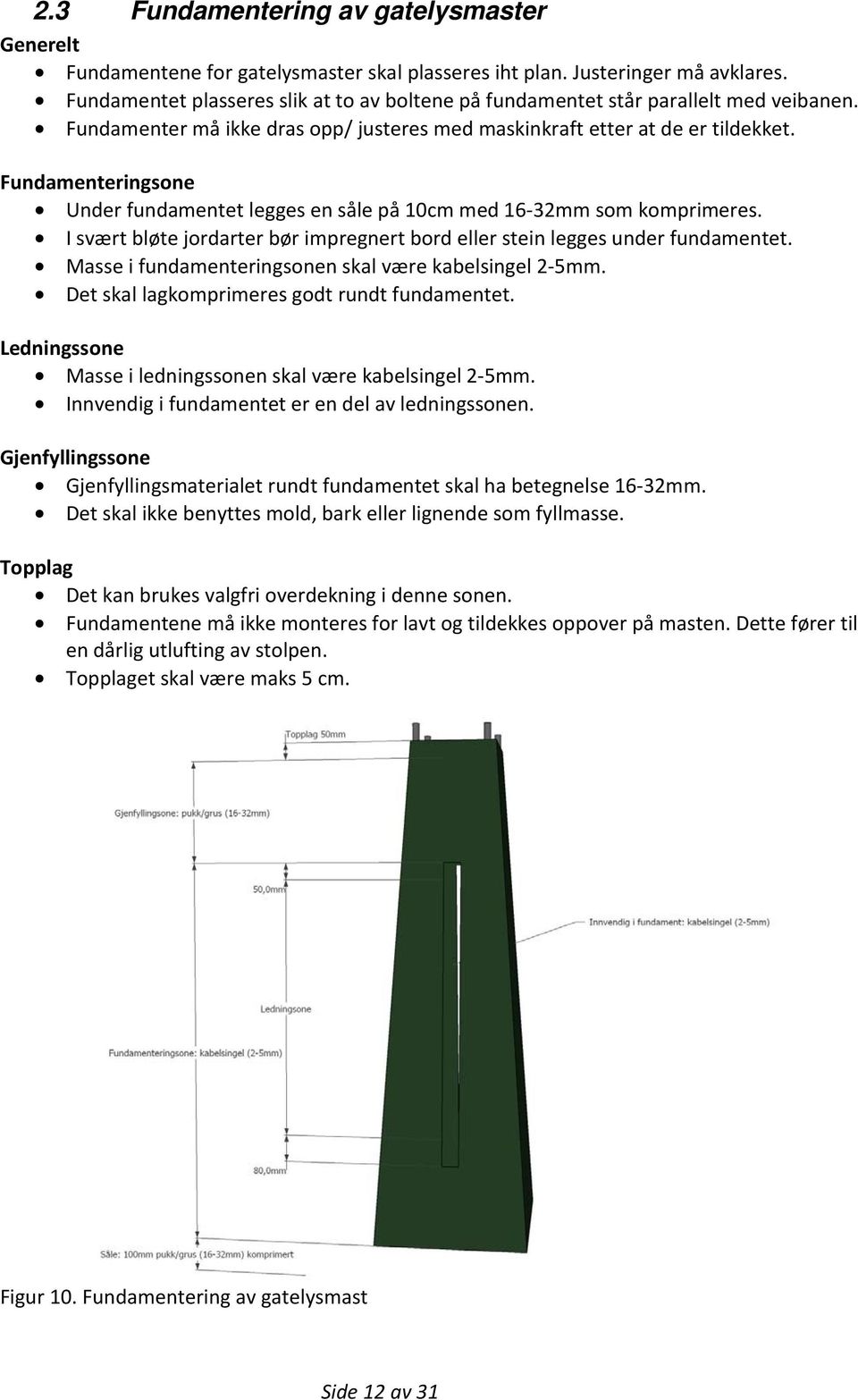 Fundamenteringsone Under fundamentet legges en såle på 10cm med 16-32mm som komprimeres. I svært bløte jordarter bør impregnert bord eller stein legges under fundamentet.