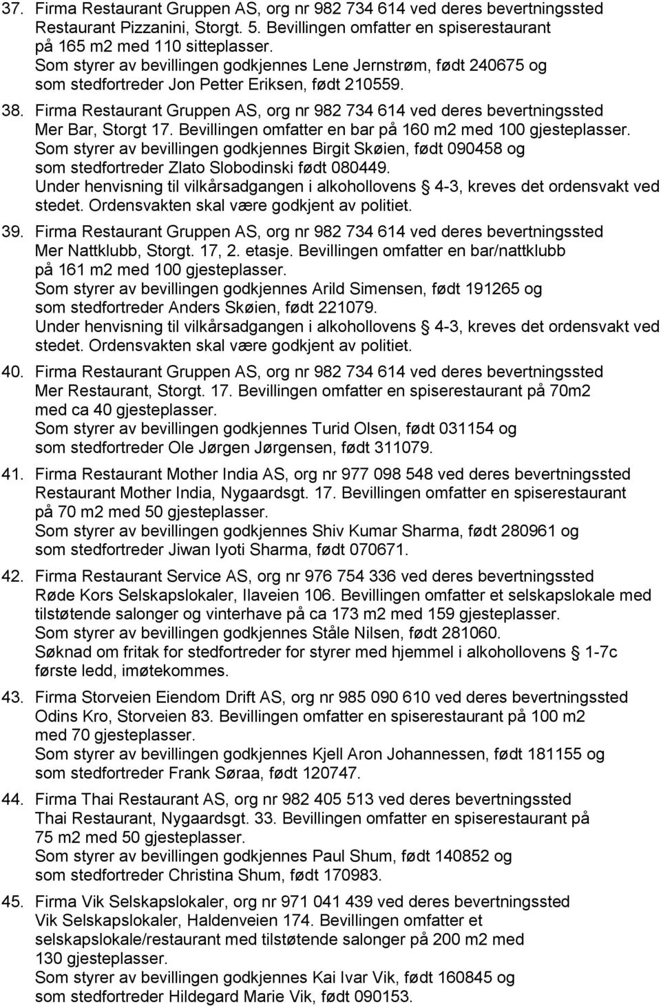 Firma Restaurant Gruppen AS, org nr 982 734 614 ved deres bevertningssted Mer Bar, Storgt 17. Bevillingen omfatter en bar på 160 m2 med 100 gjesteplasser.