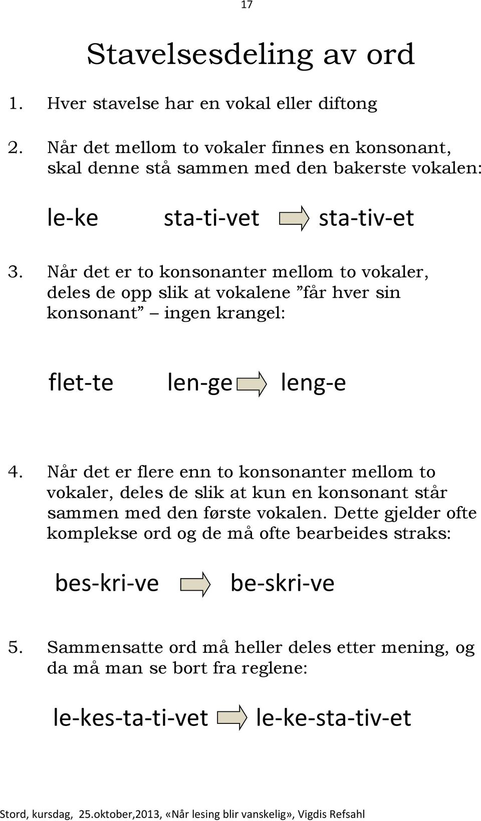 Når det er to konsonanter mellom to vokaler, deles de opp slik at vokalene får hver sin konsonant ingen krangel: flet-te len-ge leng-e 4.