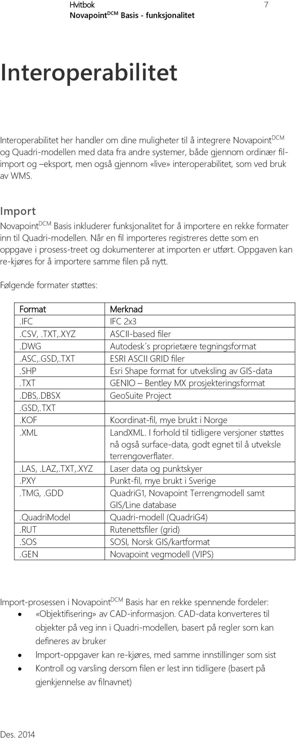 Import Novapoint DCM Basis inkluderer funksjonalitet for å importere en rekke formater inn til Quadri-modellen.