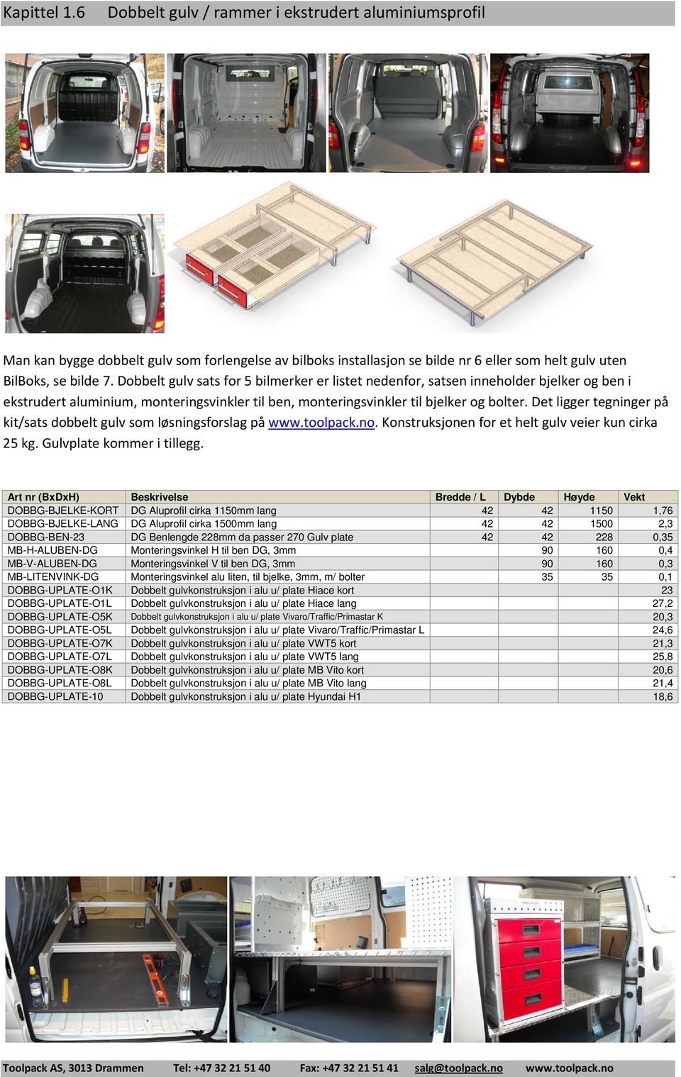 Det ligger tegninger på kit/sats dobbelt gulv som løsningsforslag på www.toolpack.no. Konstruksjonen for et helt gulv veier kun cirka 25 kg. Gulvplate kommer i tillegg.