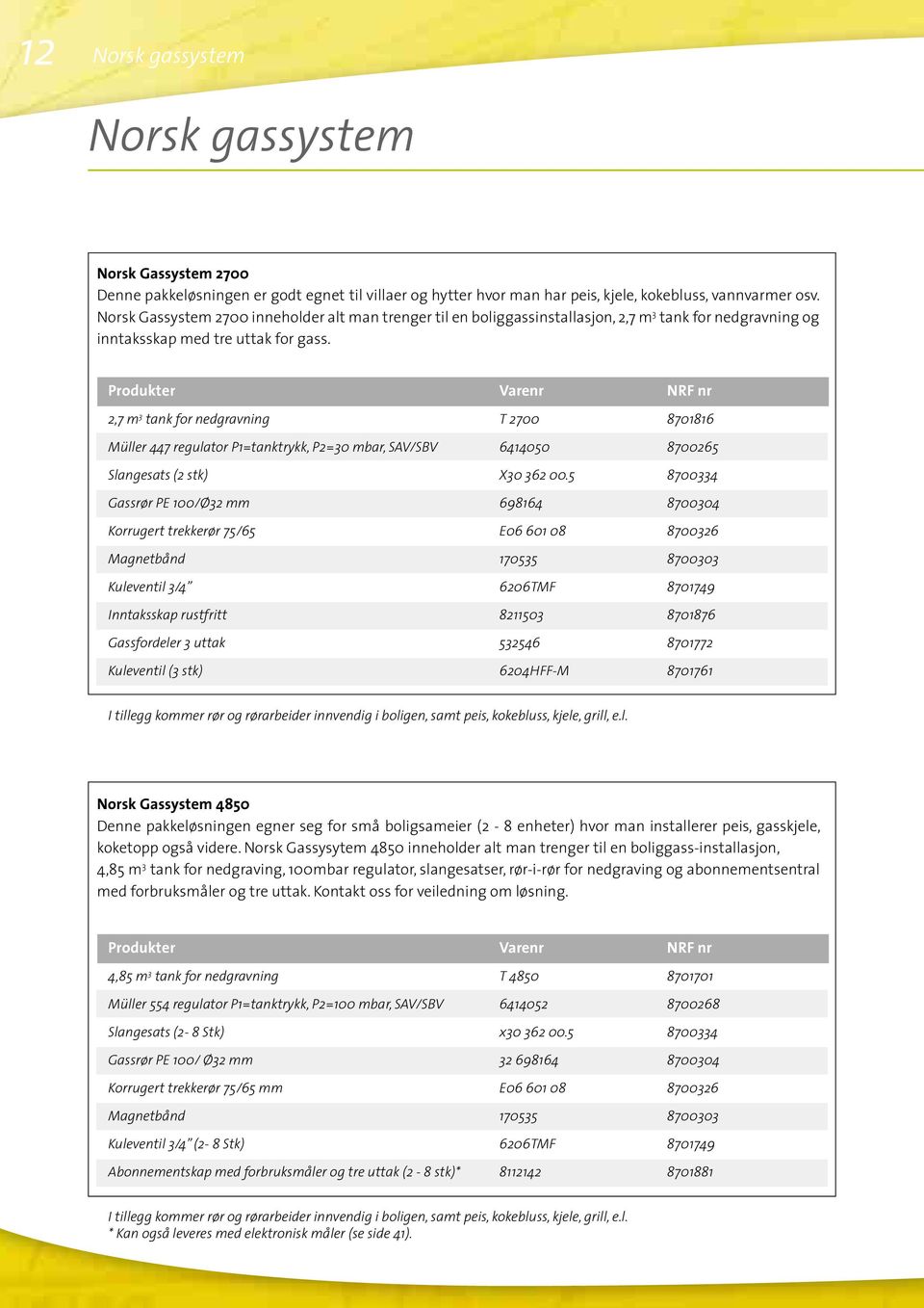 Produkter Varenr NRF nr 2,7 m 3 tank for nedgravning T 2700 8701816 Müller 447 regulator P1=tanktrykk, P2=30 mbar, SAV/SBV 6414050 8700265 Slangesats (2 stk) X30 362 00.