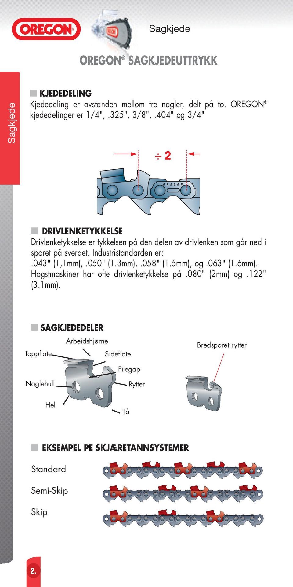 Industristandarden er:.043" (1,1mm),.050" (1.3mm),.058" (1.5mm), og.063" (1.6mm). Hogstmaskiner har ofte drivlenketykkelse på.080" (2mm) og.