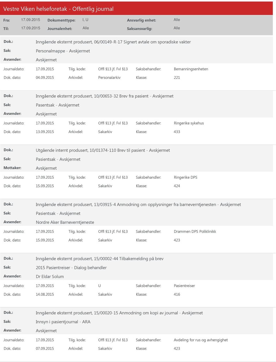 2015 Arkivdel: Sakarkiv 433 tgående internt produsert, 10/01374-110 Brev til pasient - Pasientsak - Ringerike DPS 424 Inngående eksternt produsert, 13/03915-4 Anmodning om opplysninger fra