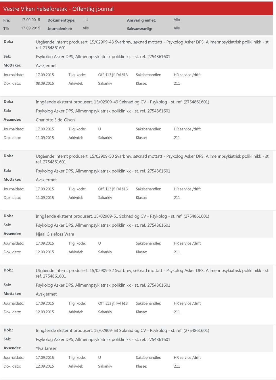 2015 Arkivdel: Sakarkiv tgående internt produsert, 15/02909-50 Svarbrev, søknad mottatt - Psykolog Asker DPS, Allmennpsykiatrisk poliklinikk - st. Dok. dato: 11.09.2015 Arkivdel: Sakarkiv Inngående eksternt produsert, 15/02909-51 Søknad og CV - Psykolog - st.