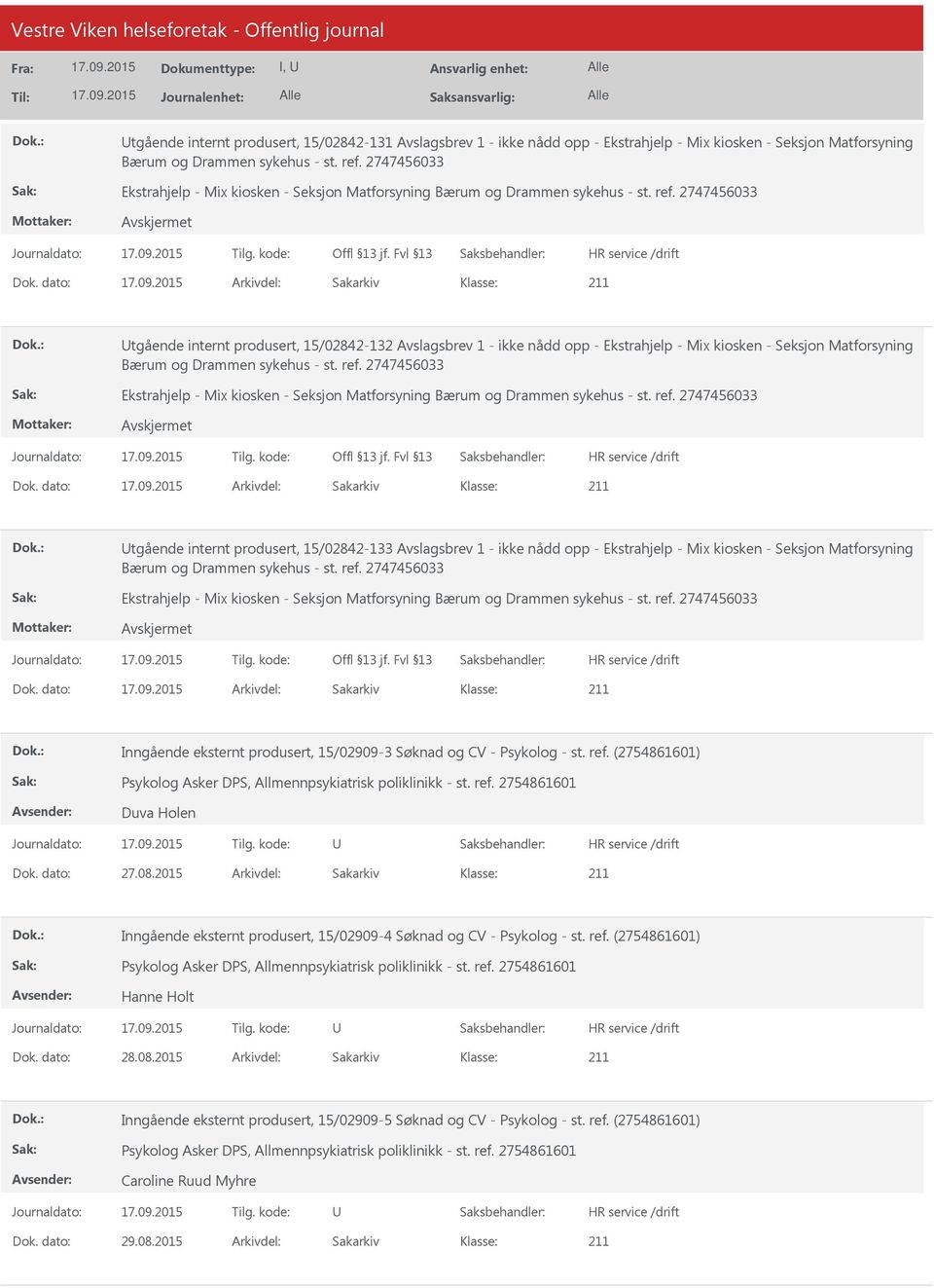 dato: Arkivdel: Sakarkiv tgående internt produsert, 15/02842-133 Avslagsbrev 1 - ikke nådd opp - Ekstrahjelp - Mix kiosken - Seksjon Matforsyning Dok.