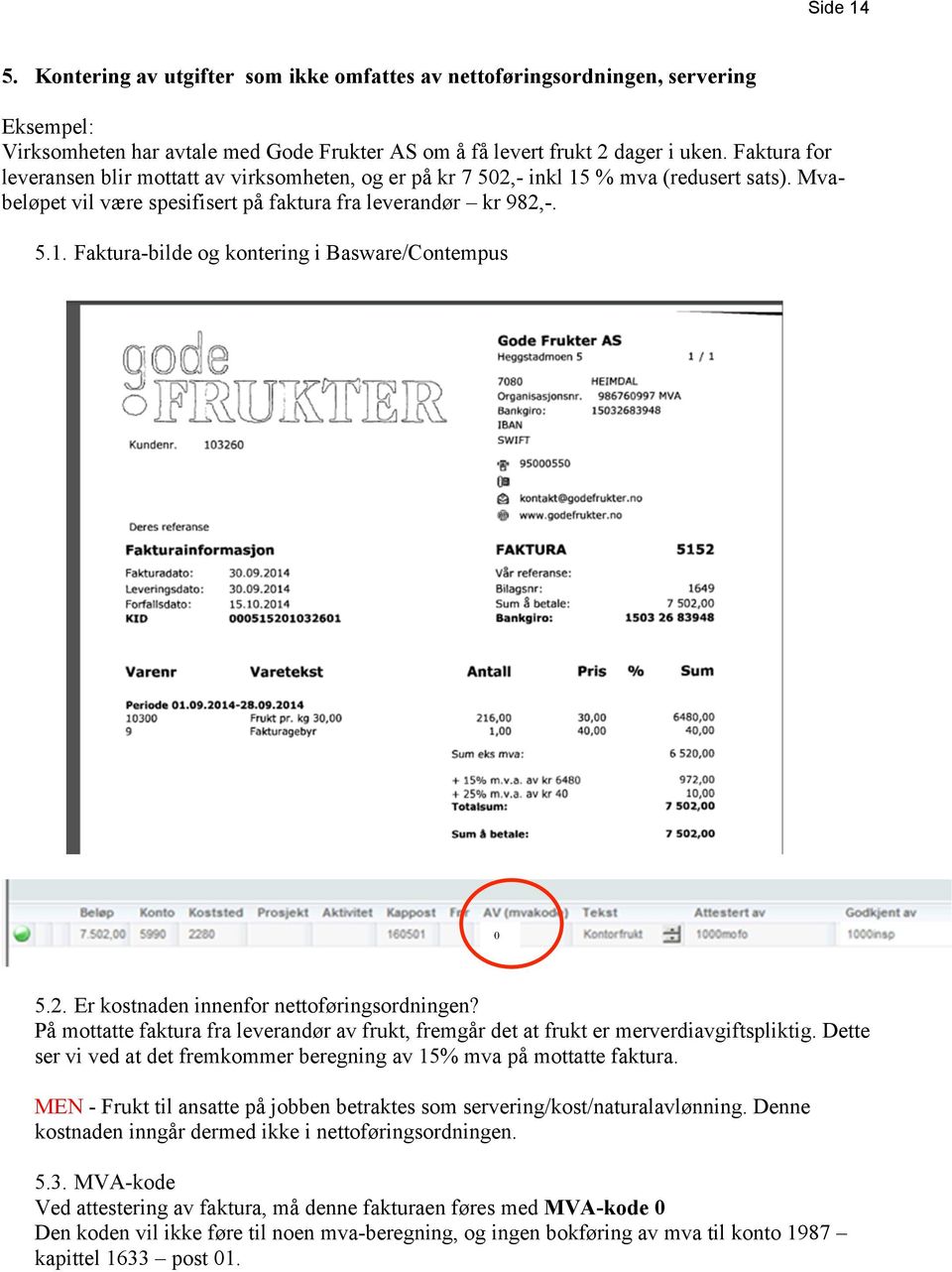 2. Er kostnaden innenfor nettoføringsordningen? På mottatte faktura fra leverandør av frukt, fremgår det at frukt er merverdiavgiftspliktig.