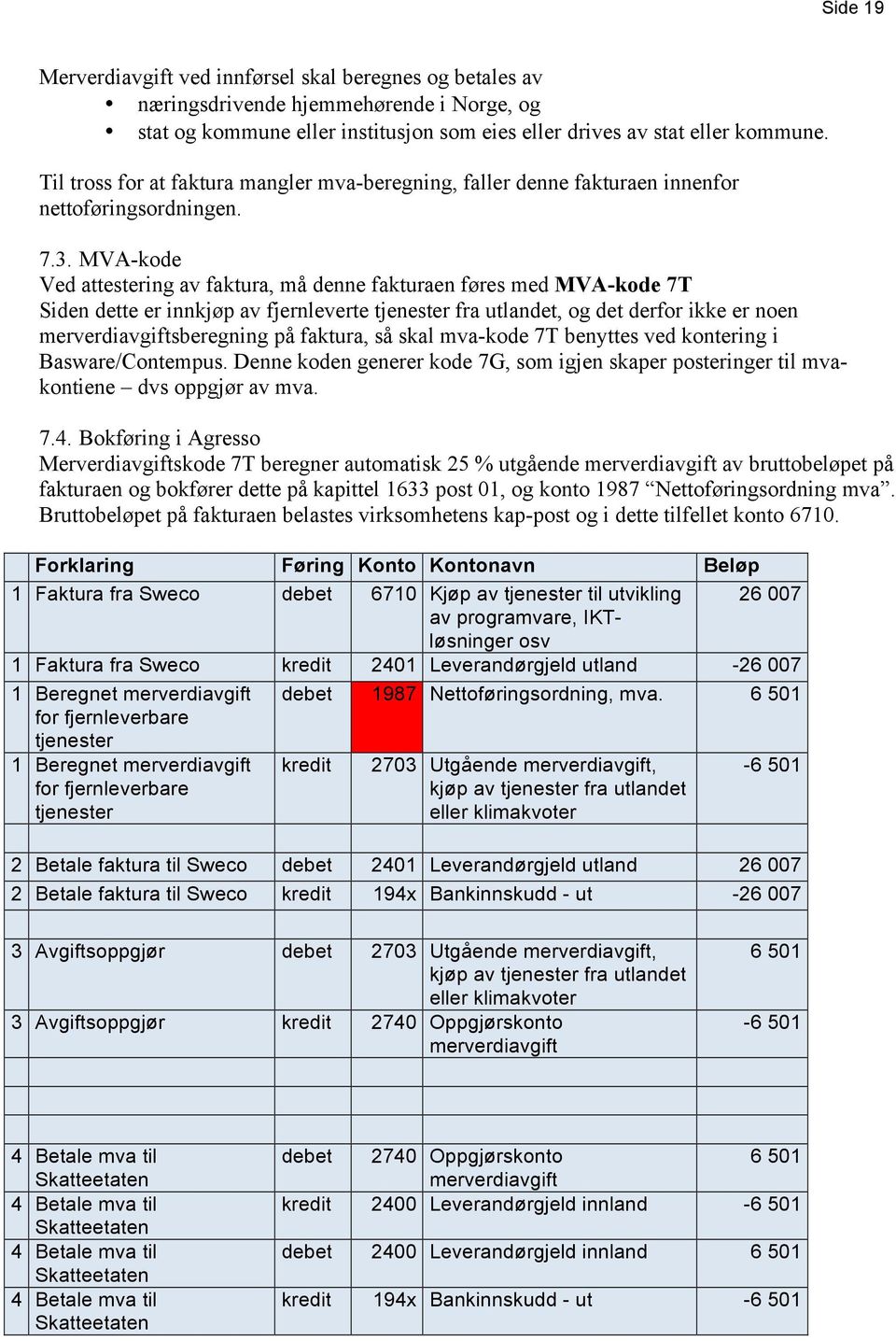 MVA-kode Ved attestering av faktura, må denne fakturaen føres med MVA-kode 7T Siden dette er innkjøp av fjernleverte tjenester fra utlandet, og det derfor ikke er noen merverdiavgiftsberegning på