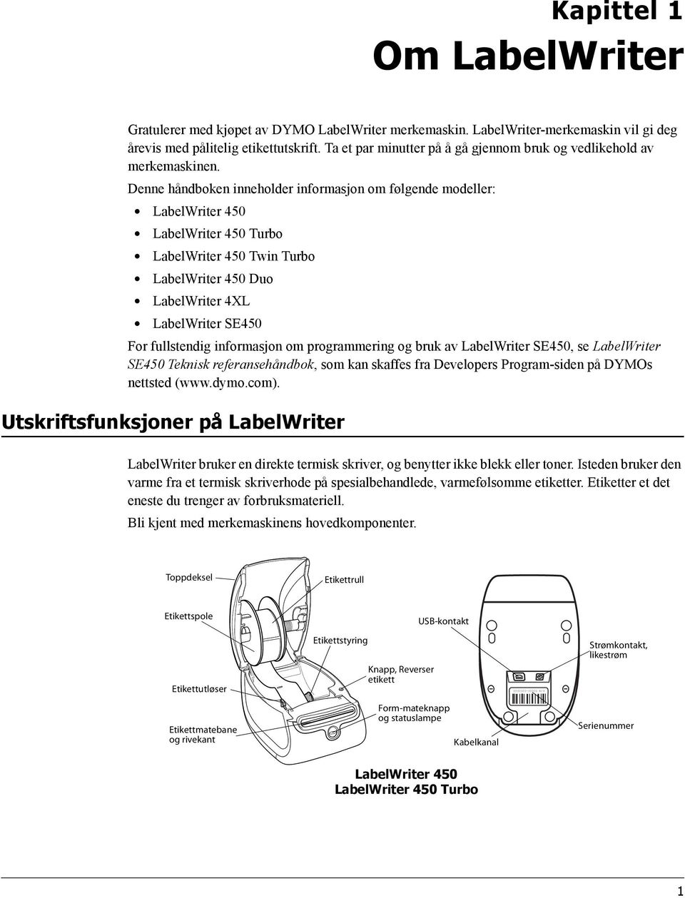 Denne håndboken inneholder informasjon om følgende modeller: LabelWriter 450 LabelWriter 450 Turbo LabelWriter 450 Twin Turbo LabelWriter 450 Duo LabelWriter 4XL LabelWriter SE450 For fullstendig