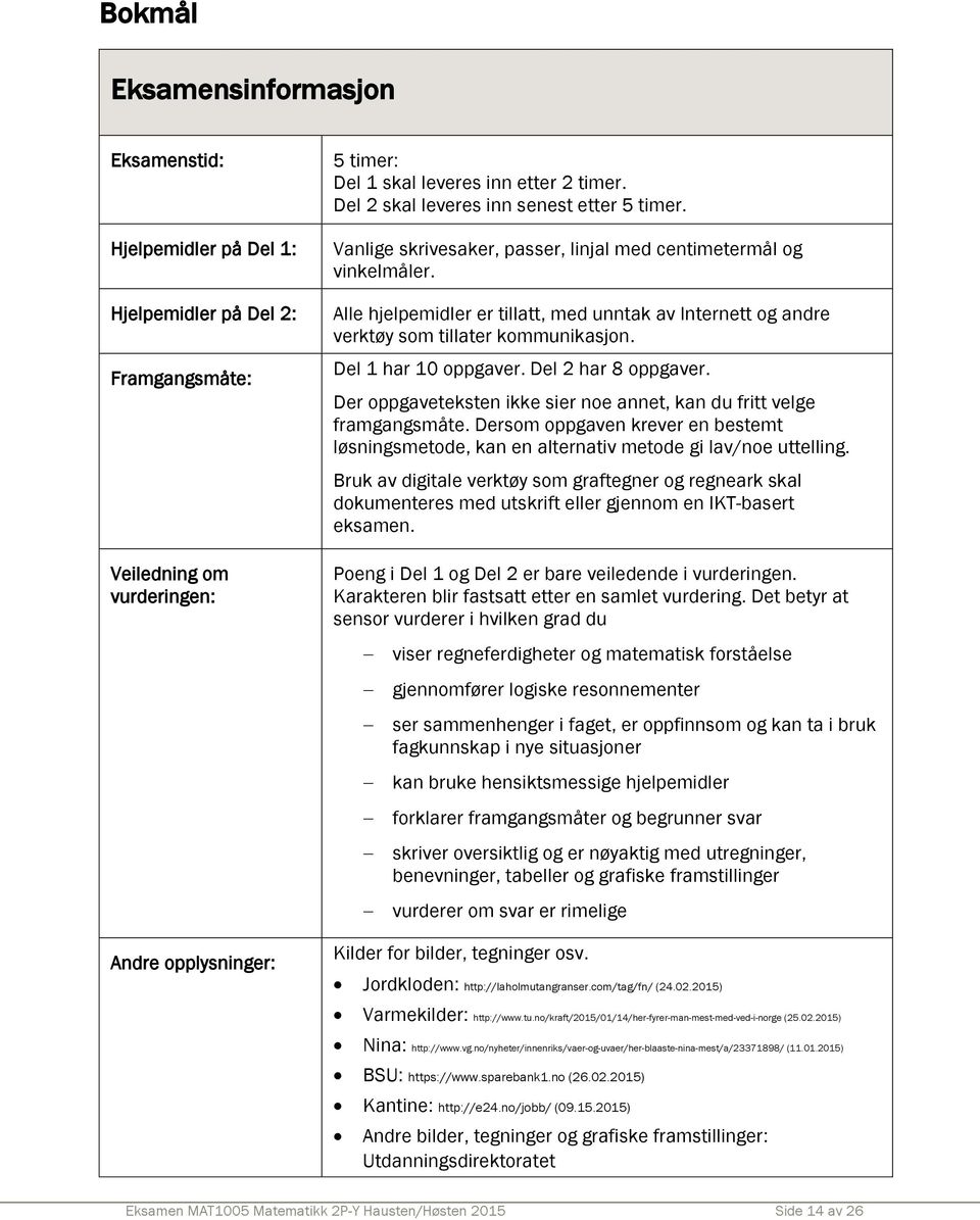 Alle hjelpemidler er tillatt, med unntak av Internett og andre verktøy som tillater kommunikasjon. Del 1 har 10 oppgaver. Del 2 har 8 oppgaver.