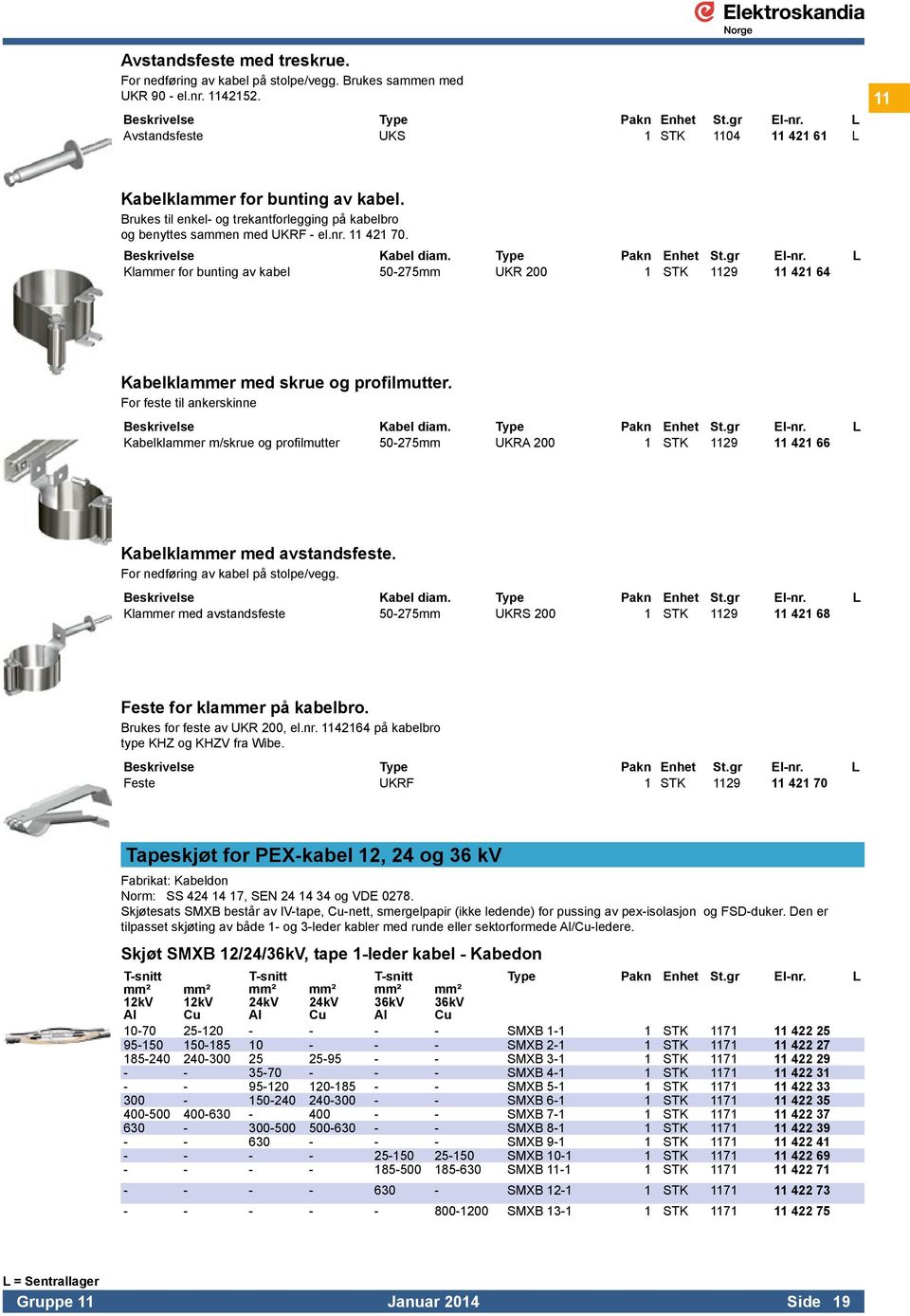 Klaer for bunting av kabel 50-275 UKR 200 1 STK 1129 11 421 64 Kabelklaer med skrue og profilmutter. For feste til ankerskinne Beskrivelse Kabel diam.