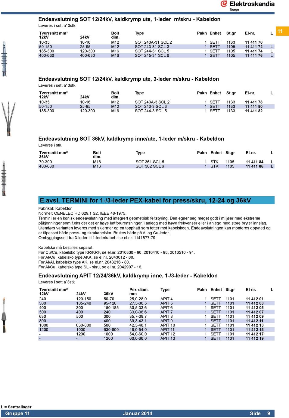 245-31 SCL 6 1 SETT 1105 11 411 76 L 11 Endeavslutning SOT 12/24kV, kaldkrymp ute, 3-leder m/skru - Kabeldon Leveres i sett a' 3stk. Tverrsnitt ² Bolt 12kV 24kV dim.