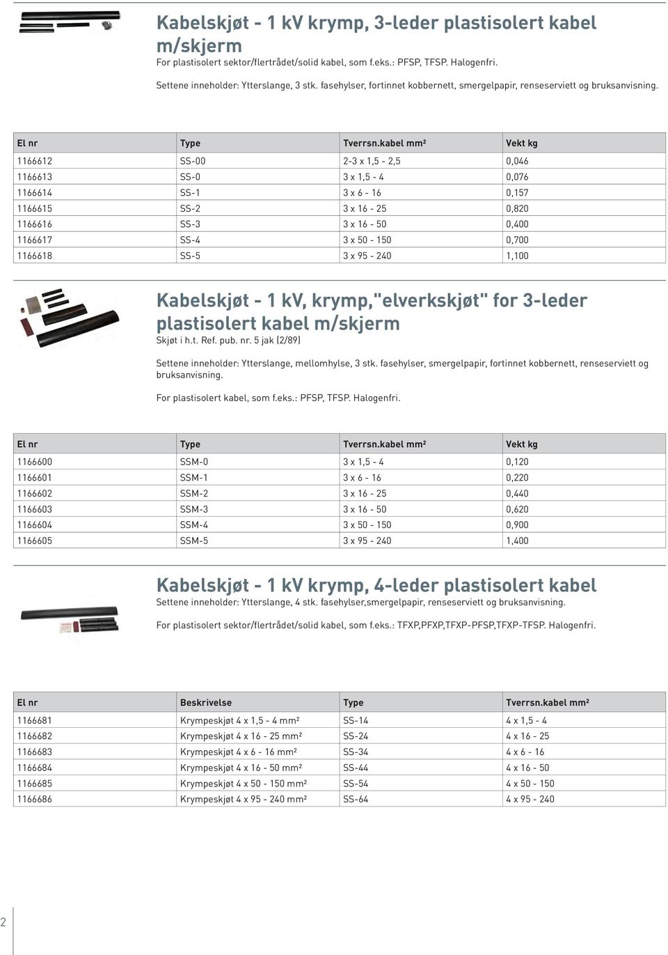 kabel ² Vekt kg 1166612 SS-00 2-3 x 1,5-2,5 0,046 1166613 SS-0 3 x 1,5-4 0,076 1166614 SS-1 3 x 6-16 0,157 1166615 SS-2 3 x 16-25 0,820 1166616 SS-3 3 x 16-50 0,400 1166617 SS-4 3 x 50-150 0,700