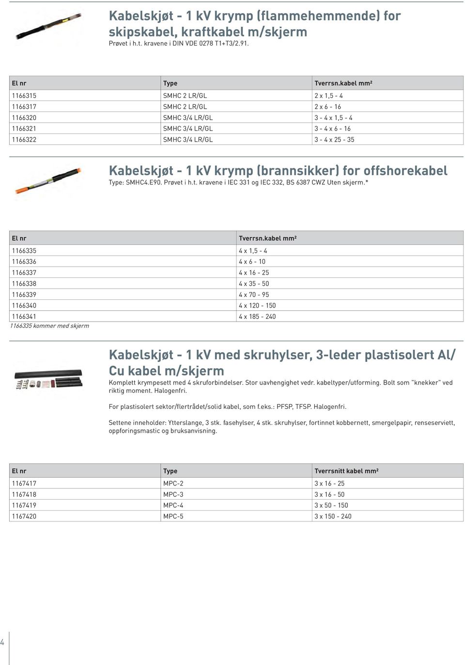 (brannsikker) for offshorekabel Type: SMHC4.E90. Prøvet i h.t. kravene i IEC 331 og IEC 332, BS 6387 CWZ Uten skjerm.* El nr 1166335 4 x 1,5-4 1166336 4 x 6-10 Tverrsn.