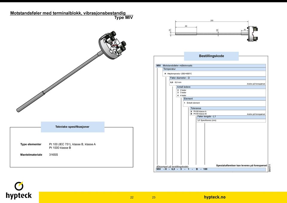 leder A Pt100 klasse A Føler lengde - L1 L1 Spesi seres (mm) Type elementer Mantelmateriale Pt