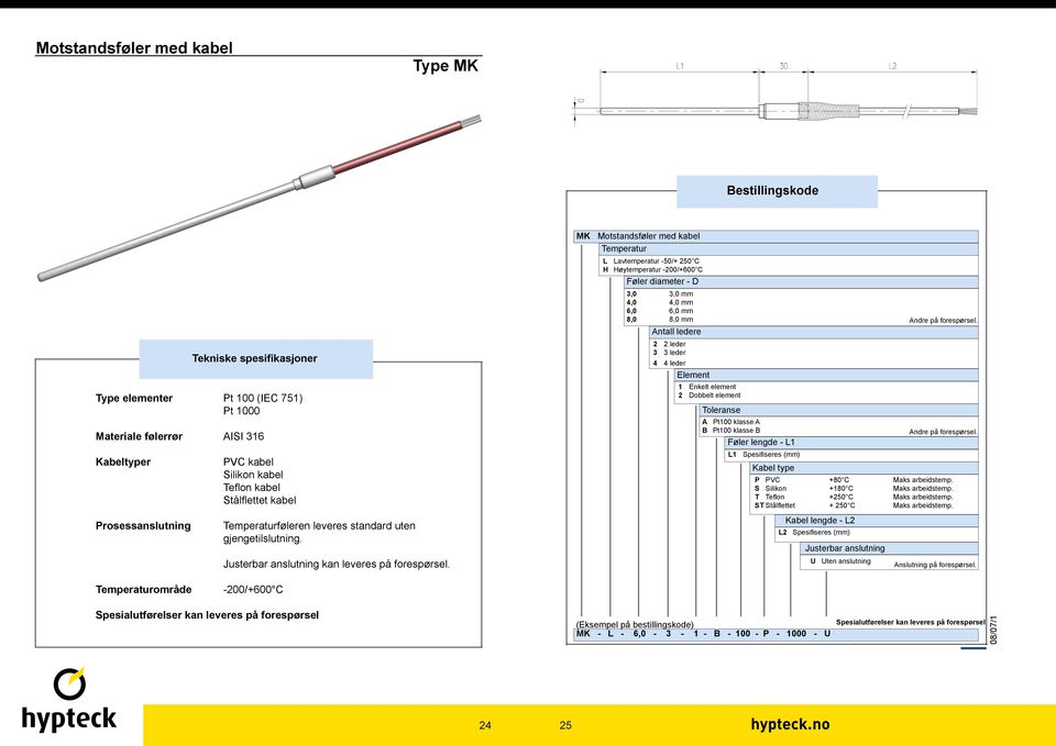 MK Motstandsføler med kabel Temperatur L Lavtemperatur -50/+ 250 C H Høytemperatur -200/+600 C Føler diameter - D 3,0 3,0 mm 4,0 4,0 mm 6,0 6,0 mm 8,0 8,0 mm 2 2 leder 3 3 leder 4 4 leder 2 Dobbelt