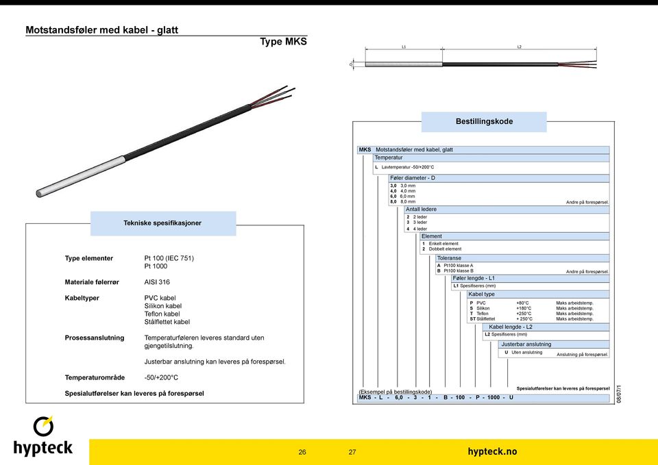 leveres standard uten gjengetilslutning. Justerbar anslutning kan leveres på forespørsel. A Pt100 klasse A Føler lengde - L1 L1 Spesi seres (mm) Kabel type P PVC +80 C Maks arbeidstemp.