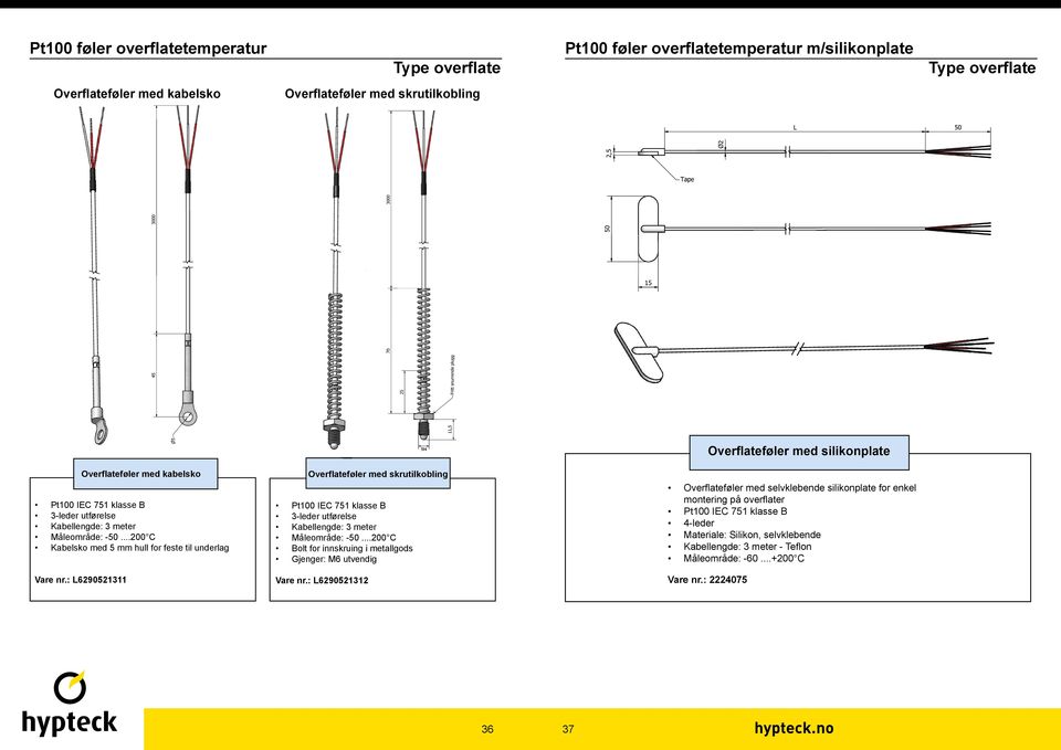 ..200 C Kabelsko med 5 mm hull for feste til underlag Over ateføler med skrutilkobling Pt100 IEC 751 klasse B 3-leder utførelse Kabellengde: 3 meter Måleområde: -50.