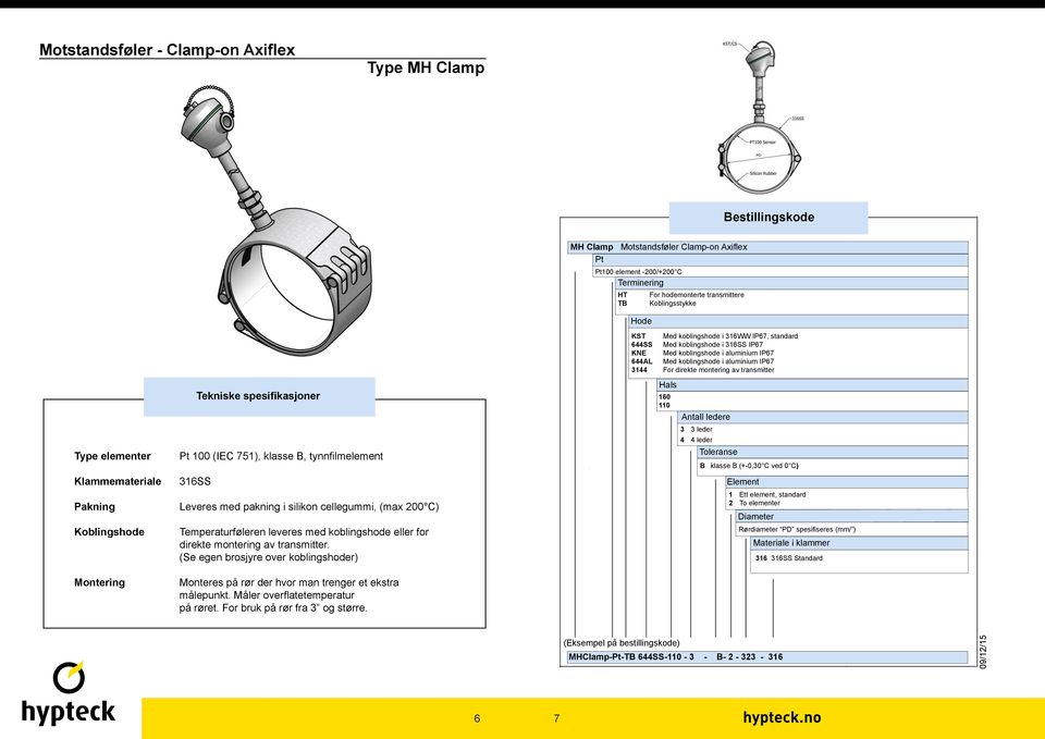 (Se egen brosjyre over koblingshoder) MH Clamp Motstandsføler Clamp-on Axifl ex Pt Pt100 element -200/+200 C Terminering HT For hodemonterte transmittere TB Koblingsstykke Hode KST Med koblingshode i