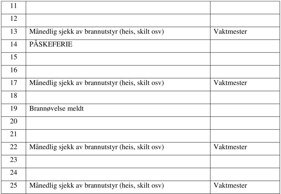 Vaktmester 18 19 Brannøvelse meldt 20 21 22 Månedlig sjekk av brannutstyr