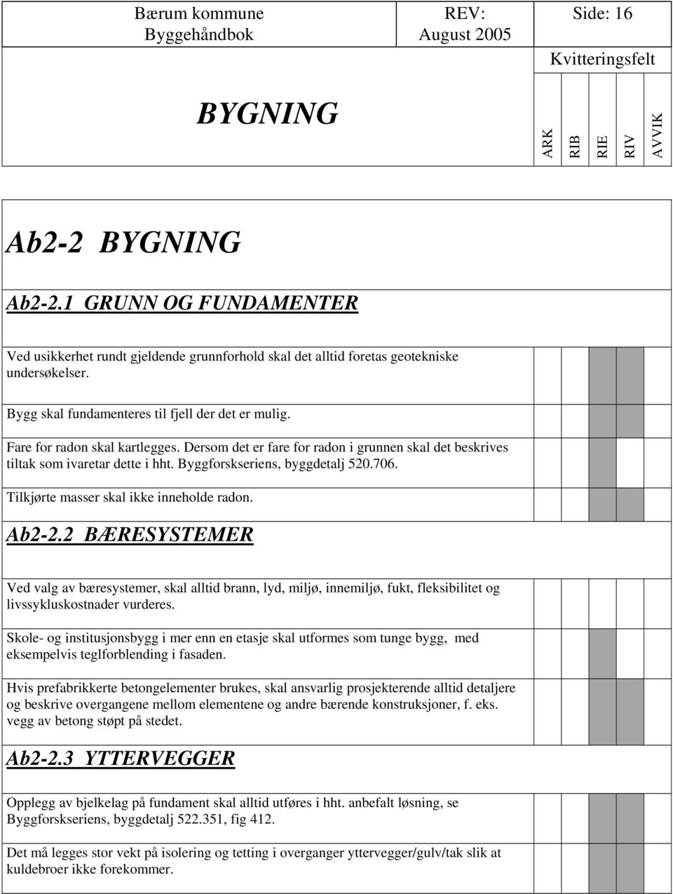 Byggforskseriens, byggdetalj 520.706. Tilkjørte masser skal ikke inneholde radon. Ab2-2.