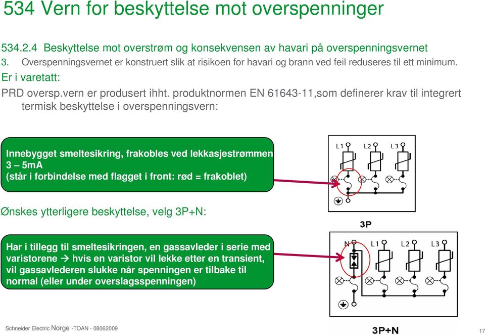 produktnormen EN 61643-11,som definerer krav til integrert termisk beskyttelse i overspenningsvern: Innebygget smeltesikring, frakobles ved lekkasjestrømmen 3 5mA (står i forbindelse med