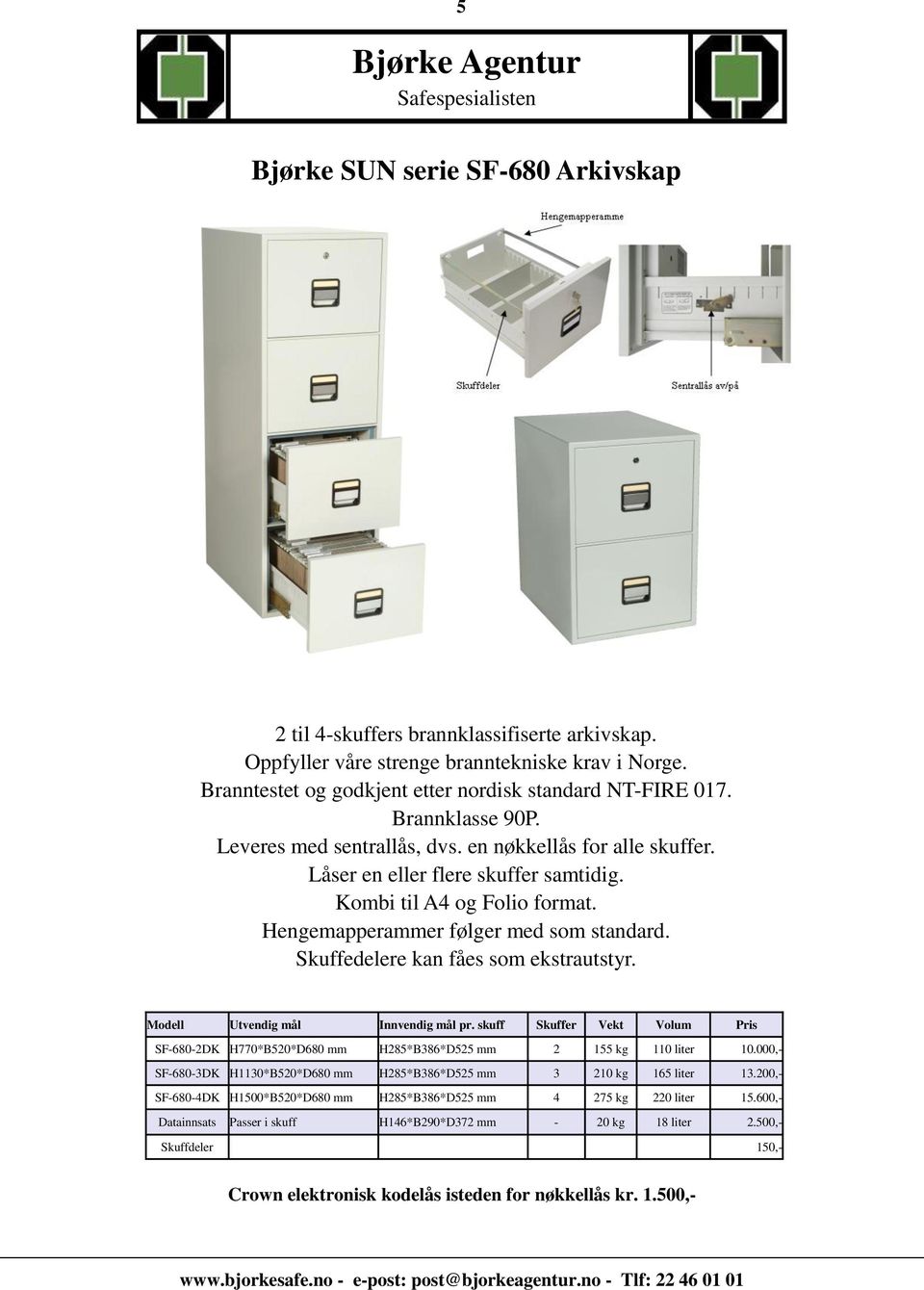 Skuffedelere kan fåes som ekstrautstyr. Modell Utvendig mål Innvendig mål pr. skuff Skuffer Vekt Volum Pris SF-680-2DK H770*B520*D680 mm H285*B386*D525 mm 2 155 kg 110 liter 10.