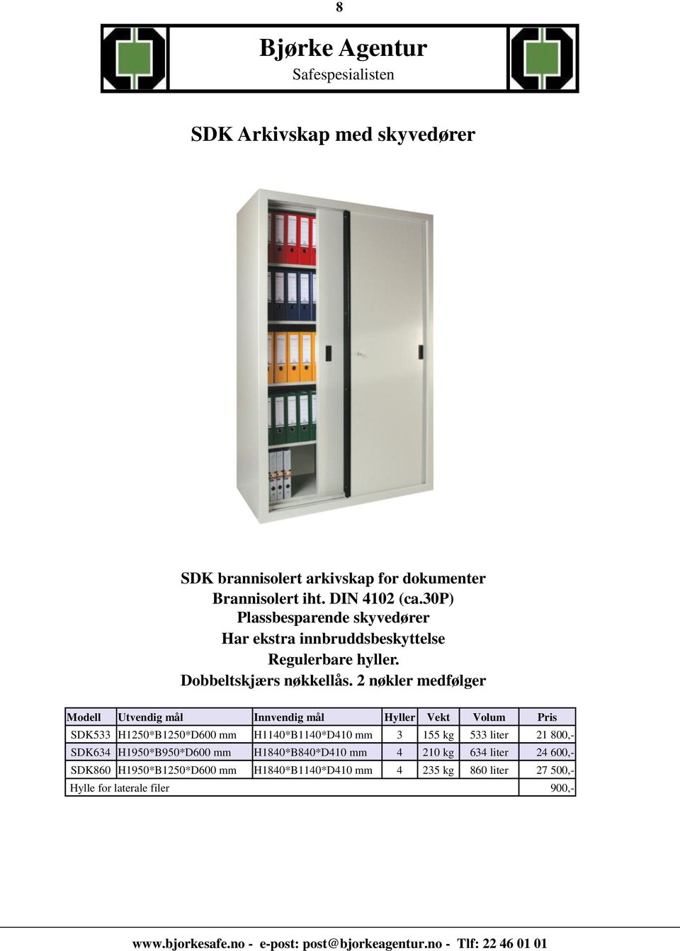 2 nøkler medfølger Modell Utvendig mål Innvendig mål Hyller Vekt Volum Pris SDK533 H1250*B1250*D600 mm H1140*B1140*D410 mm 3 155 kg 533